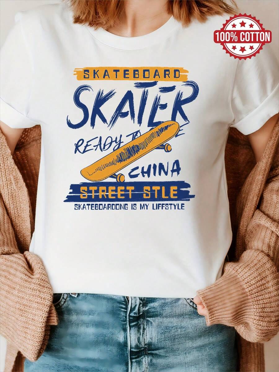 100% Cotton T-shirt | Shipped from Mexico | High-quality breathable fabric | Women's black and white loose short-sleeve printed cotton Skateboard Skater Ready To China |Machine Washable|Crew Neck Casual Sport Top|Comfortable and Stylish| - Blanco - Ver 1