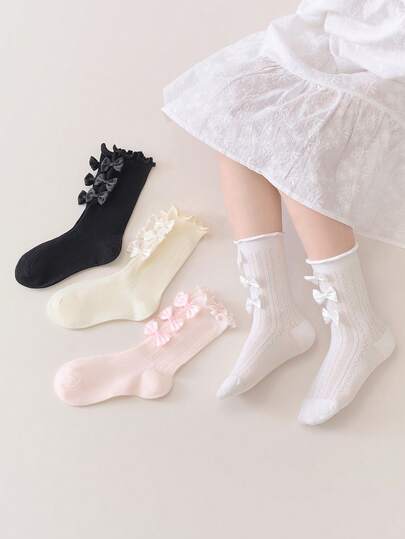 1/4 双舒适网眼蝴蝶结装饰中筒袜，时尚百搭甜美公主袜，学生袜