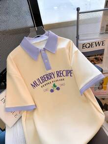 青少年女孩短袖POLO衫，夏季新品青少年女孩寬鬆印花T恤，返校休閒穿著，青少年女孩襯衫 - 淡紫色 - 查看 1