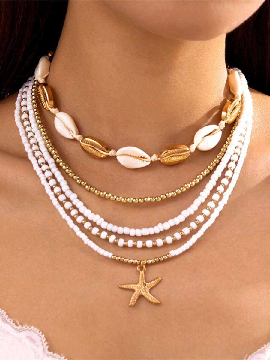 5pcs/Set Shell, Starfish & Pearl Beaded Multilayer Pendant Necklaces, Summer Beach Jewelry Accessories - Gold - View 1