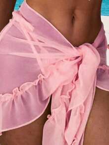 1 Set Women Ruched Tie Front Mesh Split Two Pieces Swimwear, Sexy Solid Color - Pink - View 3