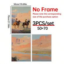 3pcs Cowboy 3 PiecesWall Art, Western Oil Painting Set Of Three Prints, Desert Landscape, Rodeo Horseback Riding Equestrian Decor