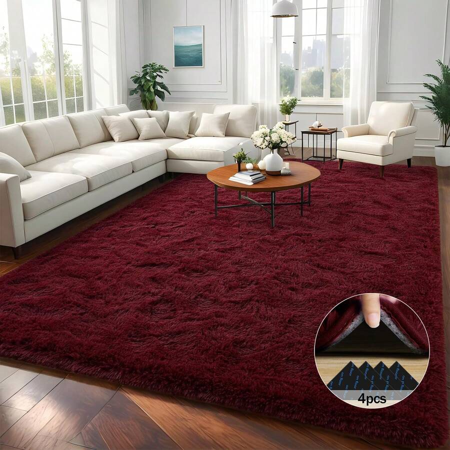 Alfombra súper suave y esponjosa, alfombra de área verde menta, viene con 4 pegatinas de alfombra, varios tamaños para elegir, adecuada para sala de estar, dormitorio, habitación de niñas, guardería, decoración del hogar, alfombra de interior de felpa lavable antideslizante para cabecera - Burdeos - Ver 1