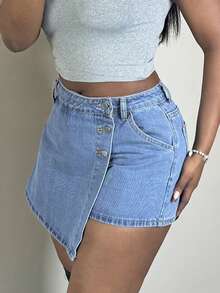 Women's Versatile Button Decor 2 In 1 Shorts, Summer Casual - Light Wash - View 3