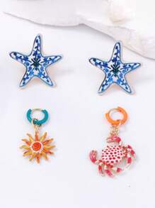 4pcs/Set Creative Starfish & Crab Drip Oil Zinc Alloy Exquisite Earring Set, Lightweight Luxurious Versatile Women Accessories