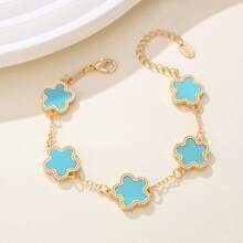 1pc Colorful Shell Inlaid Clover Charm Flower Chain Bracelet, Fashionable & Elegant For Women & Girls