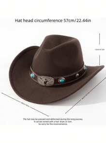 1pc Unisex Western Cowboy Hat With Removable Turquoise Bead Silver Cow Decor Band, Suitable For Party Gathering And Daily Wear