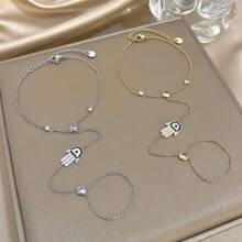 1pc Minimalist Multi-Layered Evil Eye Bracelet Rings, Bohemian Connected Bead Silver-Tone Hand Chain Jewelry Suitable For Parties, Holidays, Vacations, Daily Wear, Finger Chain, Simple Hand Decor
