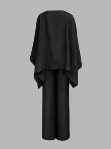 Traje holgado de mujer con mangas de murciélago y recogido en la cintura, elegante, informal, negro, primavera - Negro - Ver 3