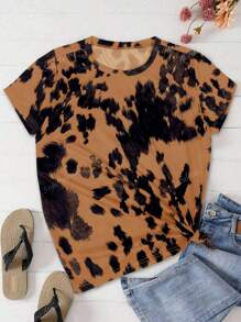 Camiseta de mujer con estampado de vaca inspirada en el vintage - Cuello redondo versátil, top de manga corta en mezcla de poliéster, ideal para primavera/verano/otoño, lavable a máquina