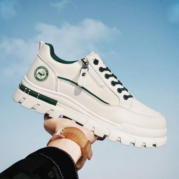 Herren Retro Stil Lässig Sportschuhe, einfarbige Ganzjahres Skateboardschuhe, niedrige Schnürschuhe mit runder Zehenkappe, Obermaterial aus Kunstleder, Textilinnenfutter, PVC Sohle, bequeme Stoffeinlegesohle