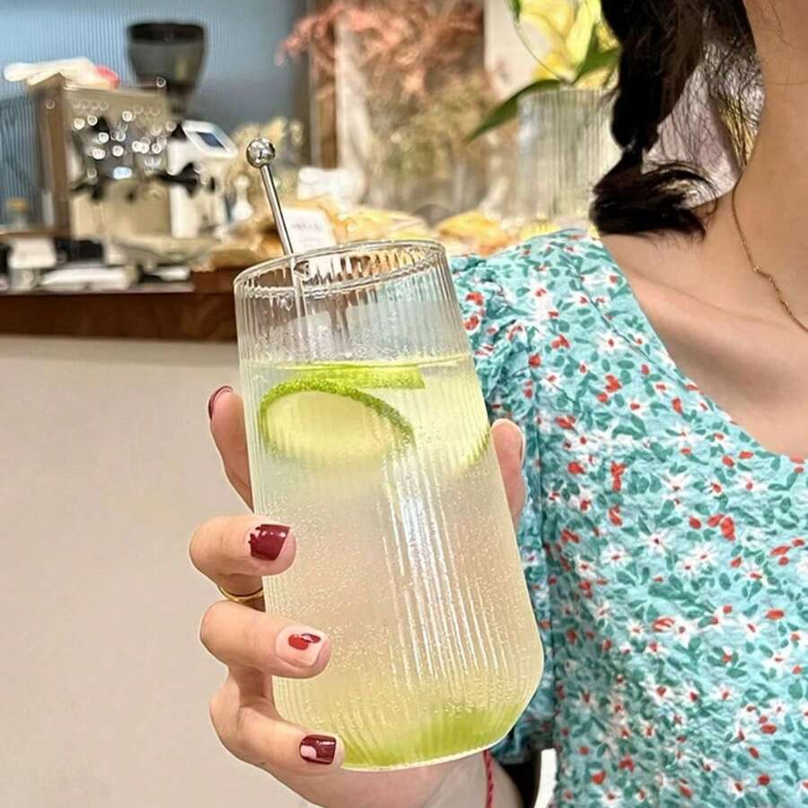 6/4/2/1 Piece Set Transparent Glass Cups, Heat-Resistant & Shatterproof, Vertical Stripe Design With Elegant Texture, Large Capacity & Practical, Suitable For Students, Office Workers, Families, Compatible With Milk, Juice, Iced Coffee And More, Applicable For Home, Office, Gatherings, Cafes, Minimalist & Versatile, Brightens Up Daily Tea/Coffee Moments. - Clear - View 1