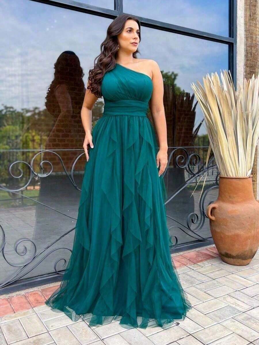 LONG PARTY DRESS WEDDING BRIDESMAIDS GRADUATES ONE SHOULDER CASCADE SKIRT GRADUATION - Màu xanh lá cây đậm - Xem 1