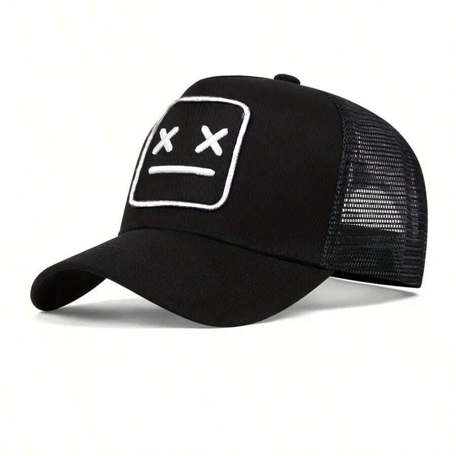1 Peça Boné de Beisebol com Bordado de Rosto Sorridente Masculino, Boné de Caminhoneiro Ajustável à Moda com Proteção Solar para Uso Externo, Casual, Adequado para Primavera, Outono, Viagens, Praia