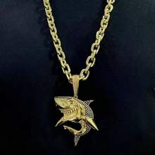 Cordão 12mm Cadeado + Pingente Tubarão - Banhado a ouro 18k