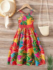 Young Girl Tropical Print Cami Lace Splice Dress, Casual & Fashionable For Everyday & Outdoor Wear, Summer - Multicolor - View 2
