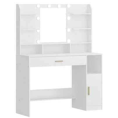 HEXCELEN Dressing Table, Large Tabletop With Mirror, LED Light With Adjustable Brightness, Organiser Drawers And Storage Cabinets, Open Shelves, For Bedroom, Cloakroom, White