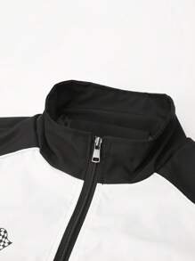 1 件男士字母印花长袖夹克，立领拉链休闲外套，赛车和摩托车风格，秋季 - 黑色 - 查看 3