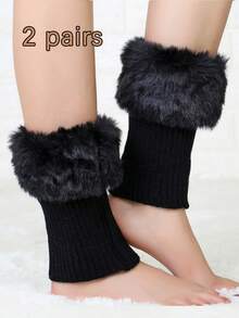 1/2 Pairs Of Women's Contrast Fluffy Trim Leg Warmers, Ankle Protection,Small Size Deviation, The Hairy Part Is Easy To Fall Off,Warm Plush Knitted Leg Warmer, JK Cute College Style, Suitable For Autumn And Winter Wear. Cozy - Multicolor - View 20