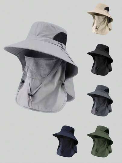 1 件男女通用纯色防晒颈罩户外宽边渔夫帽，适合徒步旅行、钓鱼、度假，适合日常户外活动