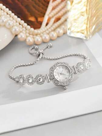 1pc/Set Elegant Floral Bangle Watch With Rhinestones, Adjustable Strap, Quartz Movement, Suitable For Teenage Girls, Birthday Gift, Year-End Promotion