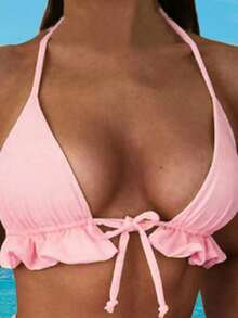 1 Set Women Ruched Tie Front Mesh Split Two Pieces Swimwear, Sexy Solid Color - Pink - View 2
