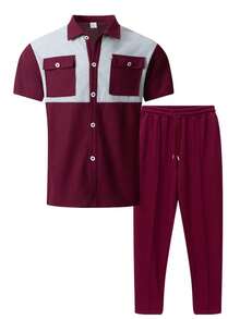 2 件男士夏季休闲时尚撞色银色纽扣装饰口袋翻领衬衫 + 长裤两件套西装，春夏夏威夷运动度假装 - 酒紅色 - 查看 2