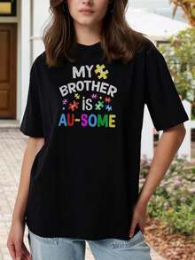 Camiseta para mujer con el texto 'Awesome Autistic Brother' - Camisetas a juego para la familia con motivo de concienciación sobre el autismo, piezas de puzle, apoyo al autismo, cuello redondo, manga corta - Negro - Ver 1