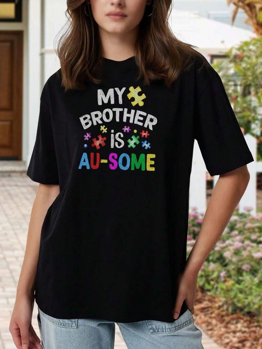 Camiseta para mujer con el texto 'Awesome Autistic Brother' - Camisetas a juego para la familia con motivo de concienciación sobre el autismo, piezas de puzle, apoyo al autismo, cuello redondo, manga corta - Negro - Ver 1