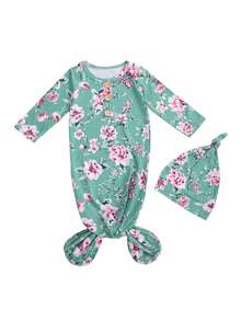 Conjunto de 2 sacos de dormir para bebé, estilo pastoral informal, cuello redondo, manga larga, estampado floral de dibujos animados, bolsillo para dormir con botones y gorro redondo elástico. - Verde - Ver 2