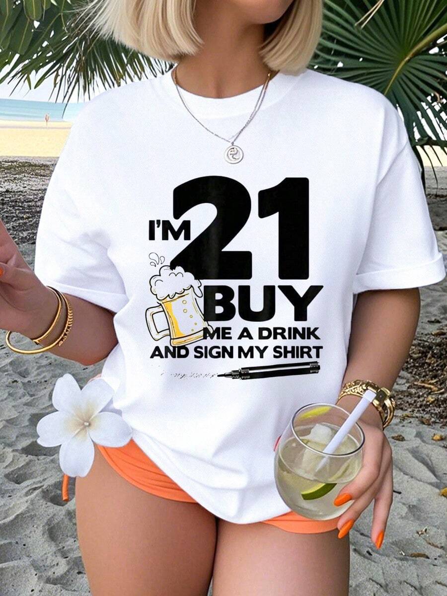 I'21 Buy Me A Drink And Sign My Shirt 21st Birthday Beer-Shirt -% Cotton Women's Casual Short Sleeve Crew Neck-Shirt Spring &Amp;   Summer. Printed Graphic Tee  Sport Lovers Art Graphic Tees Women Crop Tops Summer Outfits Women Summer Tops Forwomen-Shirt - 白色 - 查看 1