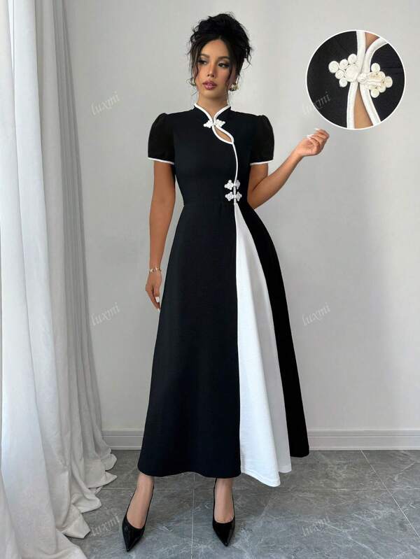 Cheongsam Collar, Button-Up, Cutout, Contrast Color, Puff Sleeve, A-Line Fashion Elegant Casual Dress