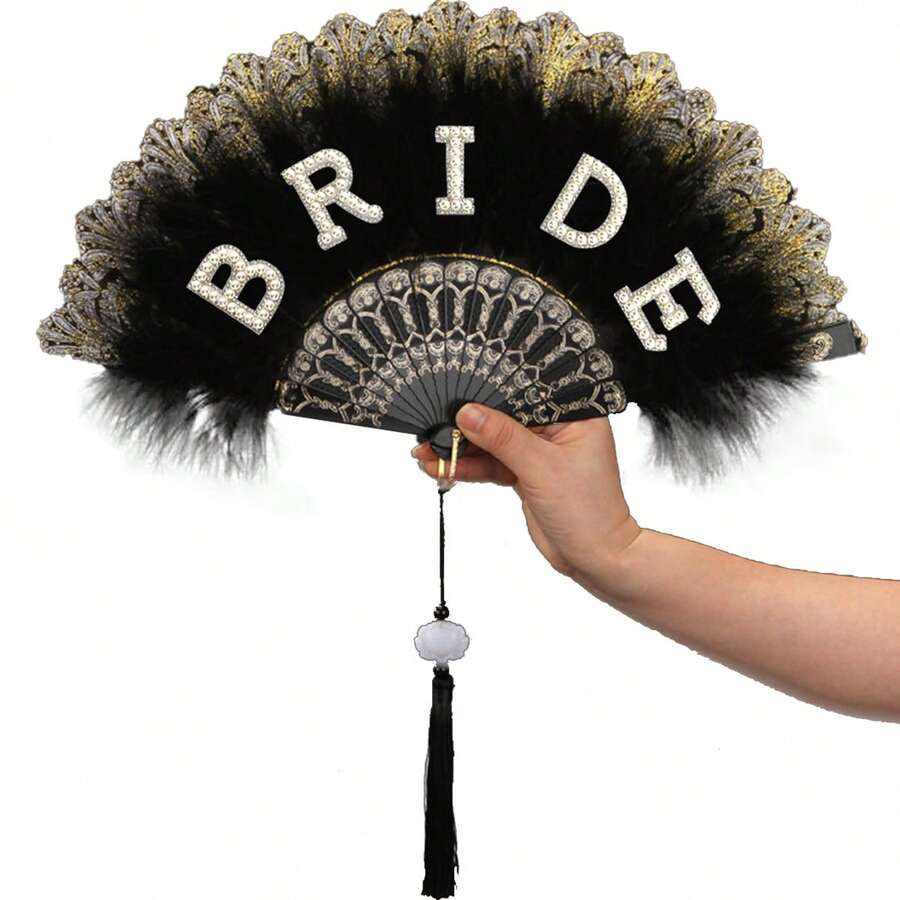 1 pieza Abanico artificial de plumas y perla con lámina de oro (16.5 pulgadas/42cm), plumas de un solo lado, incluye colgante, abanico artificial de plumas para novia, decoración para despedida de soltera y boda, apto para accesorios de disfraces y decoraciones de fiesta, boda, negro/blanco