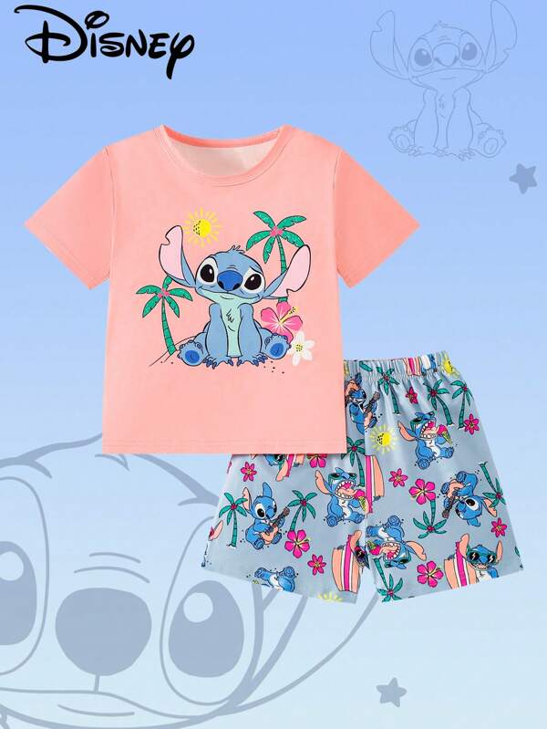 Disney Mädchen 2-teiliges Schlafanzug Set: Stitch Grafik T-Shirt und tropischer Regenwald Muster Shorts, bequeme Lässig Loungewear