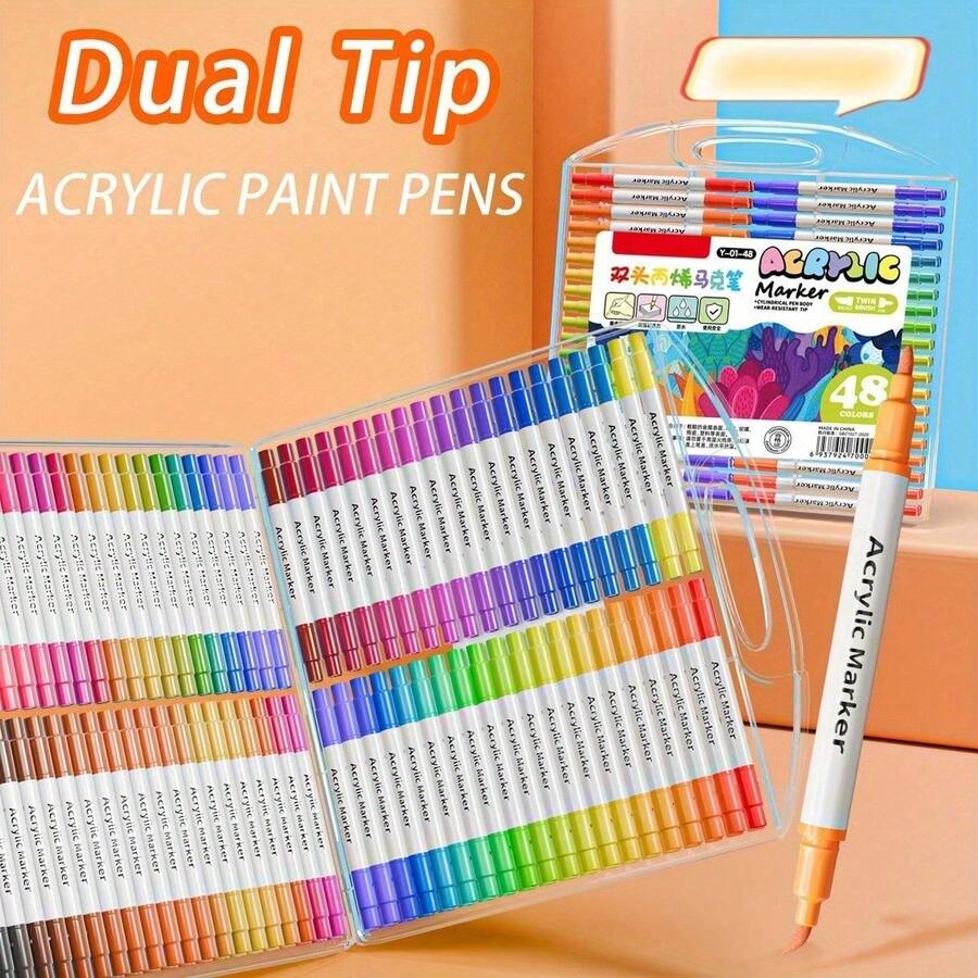 Acrylic Paint Pen, 48 Color Double Head Waterproof Paint Pen, Suitable For Rock Painting, Fabric, Metal, Glass, Wood, Canvas, Ceramic, Plastic, Advanced Art And DIY Crafts Supplies, Local Warehouse - 多色雙頭丙烯酸記號筆 - 查看 1