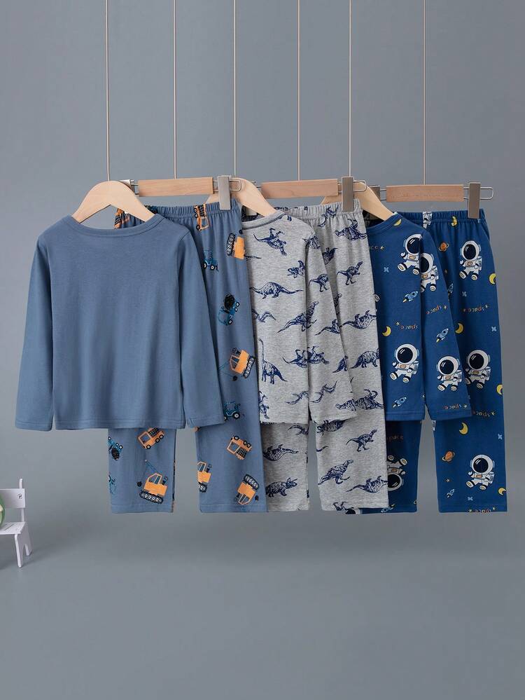 6pcs Boys' Cotton Dinosaur, Excavator, Airplane Print Pajama Set, Lightweight Spring Autumn Homewear, Cartoon Allover Print - Multicolor - View 2