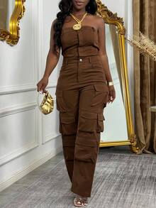 Jumpsuit Wanita Polos dengan Kantong Samping Model Tube - Coklat - View 2