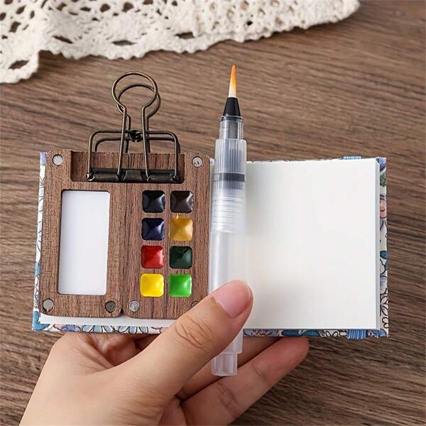Portable Pocket Artist Watercolor Set, Mini Wooden Grid Paint Box With Clipboard, Travel Sketching Kit With Watercolor Pens, Art Supplies For On-The-Go Creativity,Back To School,School Supplies