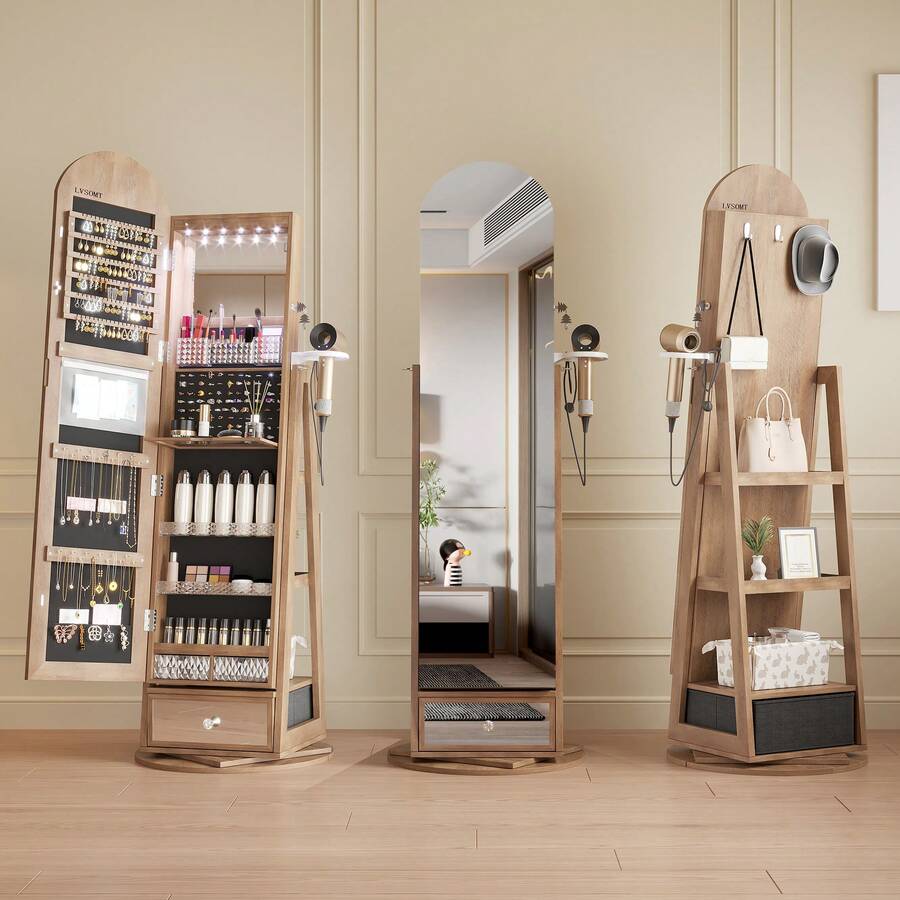 LVSOMT LED Arched Jewelry Cabinet With Mirror, 360° Rotating Standing Mirror With Jewelry Cabinets, Lockable Jewelry Mirror Cabinet With Lighting, Standing Wooden Jewelry Cabinet With 3-Tier Shelf - màu nâu - Xem 1