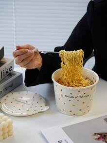 一套陶瓷拉面碗和带盖饼干罐，星月图案设计 - 非常适合存放零食、糖果、汤、甜点，是情人节、周年纪念日的绝佳礼物 - 彩色 - 查看 5