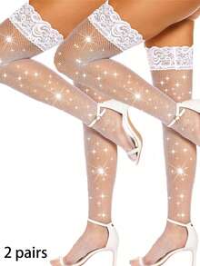 1/2 Pairs Women Sexy Thigh High Stocking Sparkly Rhinestone Fishnets Socks - Rhinestone Lace Fishnet Over-the-knee Socks - View 17