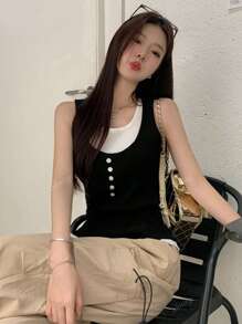 Contrast Color 2 In 1 Camisole Vest Women, Casual Versatile Sleeveless Knit Top For Summer