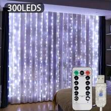 1 件窗帘灯带 LED 仙女灯串，8 种照明模式，遥控器，USB 供电，适用于卧室、圣诞节、派对、婚礼、节日的室内装饰 - USB窗簾燈 - 查看 9