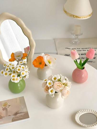1pc Cream Ceramic Small Flower Vase, Decor Piece For Floral Arrangement, Tulips Artificial Flower Set, Suitable For Entryway, Living Room, Bedroom, Tabletop
