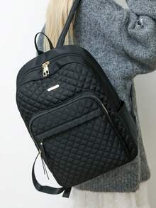 女士尼龙纯色绗缝大容量多功能背包，简约休闲学生学校旅行通勤包