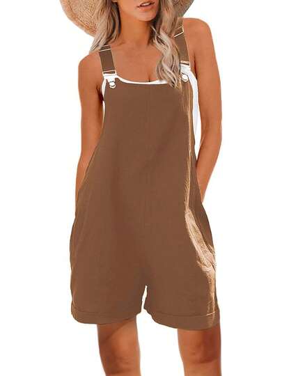 Women's Cotton Linen Short Overalls Casual Summer Bib Shortalls With Pockets