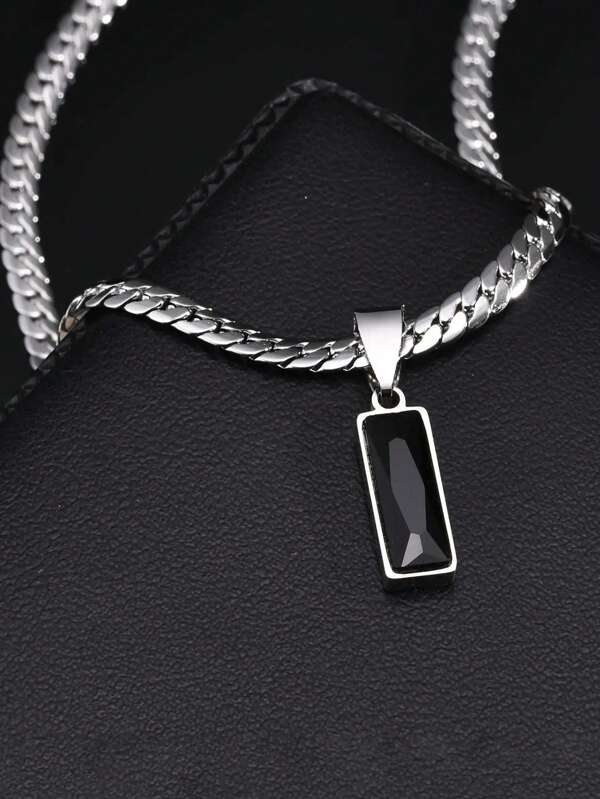 Fashion Men's Black Stone Pendant Necklace, Stainless Steel Flat Cuban Chain Neck, Hip Hop Jewelry Gift, European And American Jewelry, Party Accessories, Party Jewelry, Boyfriend Gift, Valentine's Day Gift, Father's Day Gift