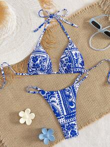 Bộ 2 món bikini gợi cảm hở lưng, họa tiết sóng biển toàn thân, kiểu đan chéo, dành cho nữ, thích hợp cho kỳ nghỉ biển, biểu diễn sân khấu và hòa nhạc mùa hè. - Màu xanh lam - Xem 2