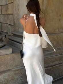 2pcs Elegant French Satin Halter Backless Ladies Set - White - View 4