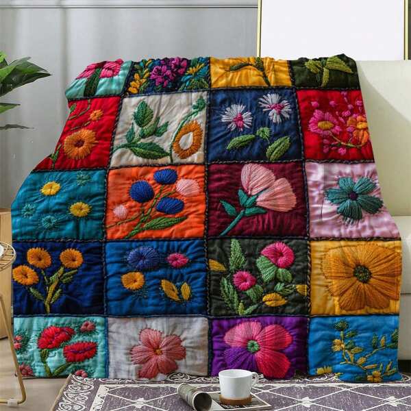Manta Xadrez Floral Retrô de Lã - Manta Macia, Aconchegante e Quente de Poliéster, Adequada para Sofá, Cama, Carro, Escritório, Camping e Viagem - Design Tricotado Multicolorido para Todas as Estações